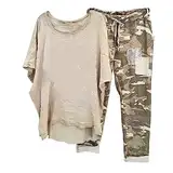 TURWXGSO Lässiges Sommer-Outfit für Damen, Übergröße/Druck, Rundhalsausschnitt, halbe Ärmel, Pullover, Tops, Basic-Blusen, T-Shirt, Tops + lange Hose, Hose, Set, Hose, Anzüge, 1#-Khaki, 52