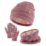 Kinder Strickmütze + Loop Schal + Handschuhe Set, Baumwollmütze Junge Mädchen Weich Kinder Beanie Mütze Nackenwärmer Halsbänder Halstuch Handschuh für Herbst Winter (X-10-Heißes Rosa, 5-12 Jahre)