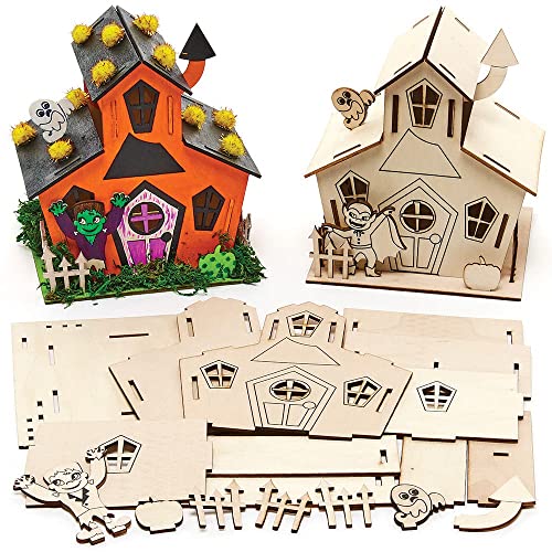 Baker Ross FX184 Spukhaus Bastelset aus Holz-2 Stück, Kleine Bausätze, Basteln an Halloween für Kinder, Mittel, Brown