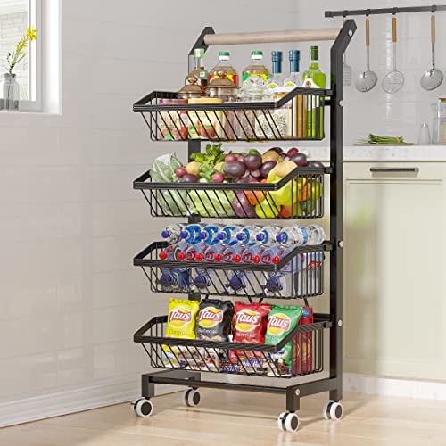 COVAODQ Gemüseregal für Küche,Stapelbarer Obstkorb Gemüse,Aufbewahrungswagen KüchenWagen Mit Abschließbare Rollen und Holzgriff, Für Badezimmer,Küche,Büro (schwarz)