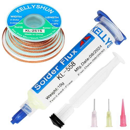 KELLYSHUN KL-558 Flussmittel Löten,10ML No-Clean Bleifreies Kolophonium Flussmittel(1 Stück)2.5MM/1.5M Entlötlitze(1 Stück) Geeignet Für Handy-Lötungen,BGA,Haushaltsgerätereparaturen