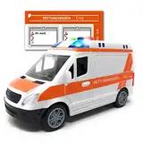 Toi-Toys Krankenwagen Spielzeug mit Licht und Sound - Deutscher Rettungswagen mit Sirene und Blaulicht | RTW mit Friktionsantrieb und Aufkleber | Spielzeugauto für Kinder