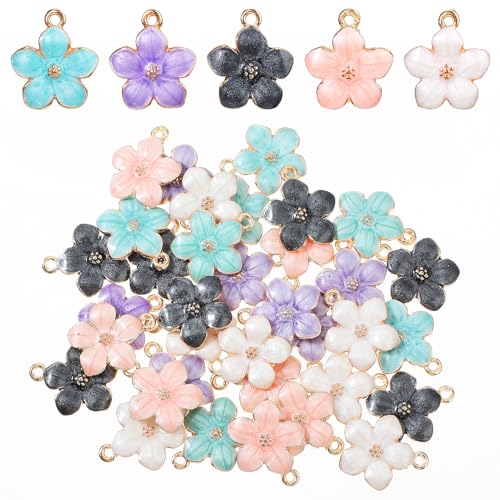 Mabor 35Pcs Emaillierter Kirschblüten Charms Anhänger Blume Set,Metallischer Blumen Anhänger Basteln zur Schmuckmachen Halsketten Armbänder Ohrringe Schlüsselanhänger DIY Bastelarbeiten