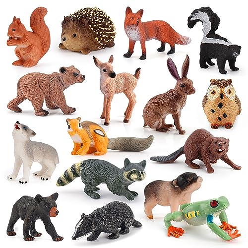 RANJIMA Waldtiere Figuren Spielzeug, 16 Stück Kleine Tierfiguren für Kinder, Miniatur-Tier-Spielzeug Eule, Igel, Fuchs, Eichhörnchen, Bären, Affen für Kinder Osterei Jagd Filler Stuffer Party Geschenk