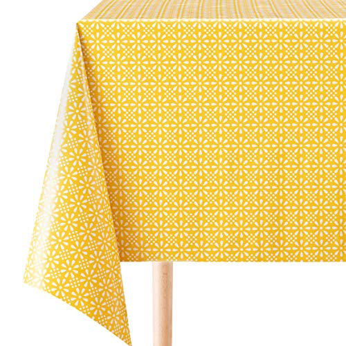 KP HOME Quadratische PVC-Tischdecke mit weißem Blumendruck, abwischbar, 140 x 140 cm, heller klassischer Druck, abwischbar, Vinyl-Kunststoff-Tischdecke