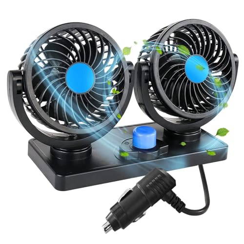 Chaohua Auto Ventilator, 12V Doppelkopf Ventilator Auto 360 Grad drehbar mit 2 Geschwindigkeiten Doppellüfter Geeignet für 12Volt Autos, LKWs, SUV