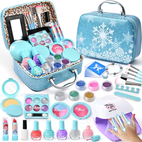 ELSA Eiskönigin Spielzeug Geschenke für Mädchen 4 5 6 7 8 Jahre, Kinderschminke Set mit Nageltrockner Peel-Off Nagellack Glitzer Tattoo, Frozen Schminkkoffer Nagelstudio Rollenspiel Spielzeug Mädchen