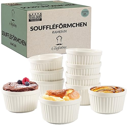 Chefarone® Soufflé Förmchen Backofenfest 10er Set - Creme Brulee Schälchen Keramik zum Backen und Anrichten - Mini Auflaufformen 200 ml - 10er Set weiß (9x7.5x5CM)