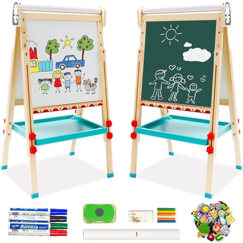 Kinder Spiel-Tafel aus Holz mit Papierrolle Doppelseitige Whiteboard und Tafel Staffelei mit Zahlen und Anderem Zubehör für Kinder und Kleinkinder (Pinguin)