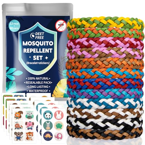 Mückenschutz Armband Set- 12 Stück Mückenarmband +60 Stück Mückenpflaster, Mücken Aufkleber für Kinder Erwachsene Camping Zubehör, Thailand Reise Travel Gadgets, Urlaub Klassenfahrt Summer Must Haves