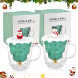 REFORUNG Süße tassen 2er Set Weihnachtstasse Weihnachtsbaum Kaffeetassen Doppelwandige Isoliergläser Espressotasse Beste MilchBecher Weihnachten Becher mit Deckel, Weihnachtsgeschenke, 300ml