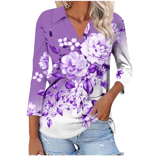 Damen Shirt Sommer 3/4 Ärmel mitV-Ausschnitt Top Elegent Blumendruck Umlegekragen Kurzarm Casual Oversize Basic t shirts Damen Große Größen Blusen & Tuniken für Frauen