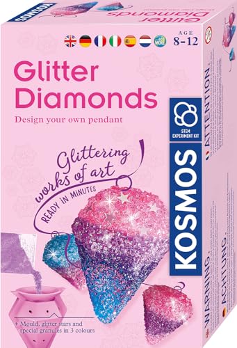 Kosmos 617189 Glitzer-Diamanten, Funkelnde Schmuck-Anhänger gestalten, mit Gießformen, Schmuckbändern, Granulat in 3 Farben, Experimentierset für Kinder von 8-12 Jahren, Multisprache