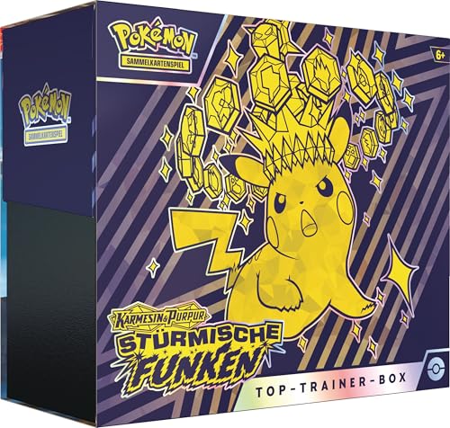 Pokémon-Sammelkartenspiel: Top-Trainer-Box Karmesin & Purpur – Stürmische Funken (1 Vollbild-Promokarte, 9 Boosterpacks & Premium-Zubehör)