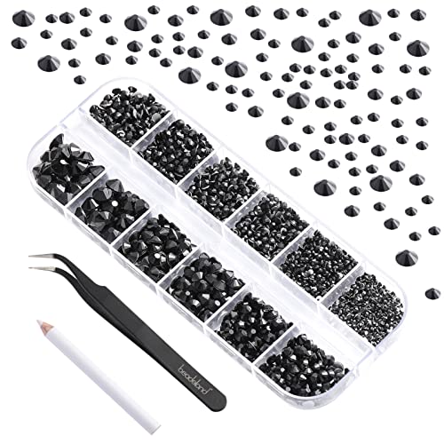 Beadsland 2500pcs Black Flatback Strasssteine, Flatback Gems Round Black Crystal Strasssteine ​​zum Basteln Gemischt 8 Größen SS4 ~ SS30 mit Picking Pinzette und Stift (Schwarz)