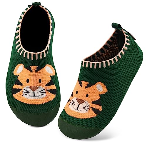 Kyopp Hausschuhe Kinder Junge Mädchen Pantoffeln rutschfest Barfussschuhe Kindergarten Slippers für Atmungsaktive Weich Lauflernschuhe Kleinkinder Schuhe(Tiger-Grün 24/25EU)