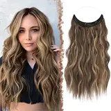 FESHFEN Secrets Haare Extensions Lange Gewellt Haarverlängerung Invisible Secret Haarextension Synthetik Hair Unsichtbarem Haarteile für Frauen Honigblond Gemischt Hellbraun 50 cm