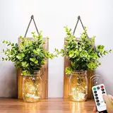 DYBOHF Mason Jar Licht,(2 Stück), Rustikale Wanddekoration, Lichterkette im Glas, Grüne gefälschte Pflanze, Wohnzimmer Holz-Dekoration mit, Warmweiß Garten Hängeleuchten für Außen(Fernbedienung)