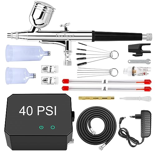 Gocheer 40 PSI Airbrush Set, Dual Action Multi Funktion Airbrush Set mit tragbarem Kompressor Airbrush-Set für Kuchendekoration, Makeup, Kunsthandwerk, Nageldesign, Tattoo-Modellierung, Malerei