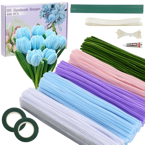 Galerie SV Pfeifenputzer zum Basteln Set, 400 Stück Pfeifenreiniger 5 Farben Blumenstrauß Pfeifenreiniger Blumen mit Geschenkband, Klebeband, Perlenaufnäher, Staubblätter für DIY Geschenke und