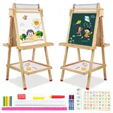 Kinder Staffelei Malerei Doppelseitige Tafel für Kinder mit Kreidetafel & Whiteboard Höhenverstellbar Standtafel mit Papierroller Malzubehör Ablageschale Aufkleber für Jungenab Mädchen 3 4 5 Jahre