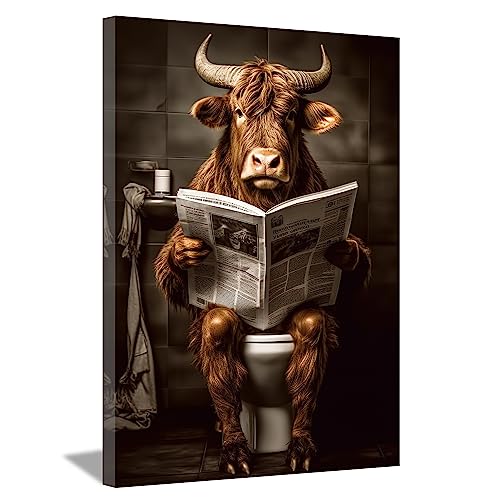 LZIMU Badezimmer Kuh Bild auf Leinwand braunes Vieh das auf Toilette sitzt und Zeitung liest Leinwand Bild lustige Tiere Poster Wanddekoration Gerahmt(4, 30x45cm)