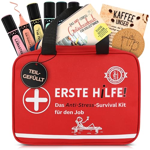 GLÜCKSGUT® ERSTE HILFE Tasche für den Job | Teilgefüllt | Lustiges Geschenk zum Befüllen | Textmarker + Gutscheinbuch + Kafeepausen-Set | Kollegen, neuer Job, Abschied, Büro