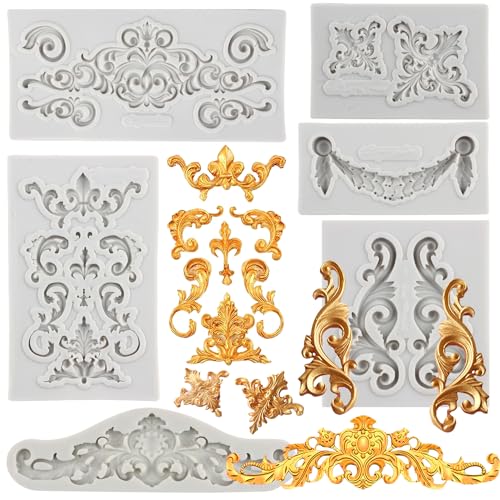 MYPRACS 6 Stück Barocke Silikonformen Schnörkel Spitze Fondantformen Vintage Relief Blumenform für Kuchendekoration Cupcake-Topper Süßigkeiten Schokolade Gummipaste Polymerton