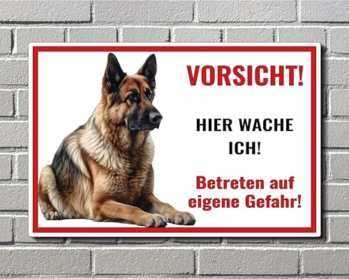 Schild Deutsche Schäferhund Vorsicht Hier wache ich - Betreten auf eigene Gefahr! - Achtung - Hundeschild Warnschild- - Warnung vor dem Hund - M4 (PVC Hartschaum, 22,5x15 cm)