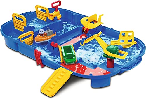 AquaPlay - LockBox - Wasserbahn als Transportkoffer mit 27 Teilen, Spieleset inklusive 1 Hippo Wilma, Amphibienauto und Containerboot, für Kinder ab 3 Jahren, 8700001516, Blau