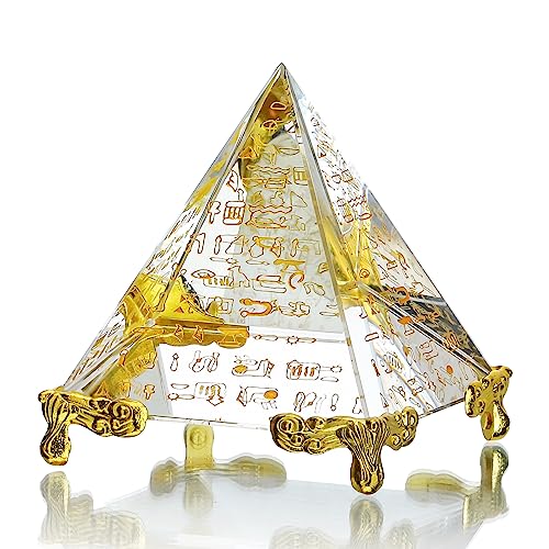H&D HYALINE & DORA 60 mm Kristallpyramide Prisma Briefbeschwerer positive Energie Ornament, ägyptische Pyramide aus Glas mit ägyptischem Goldcharakter für Heimdekoration/Geschenk/Sammlung