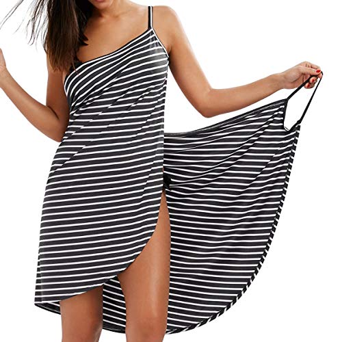 LumiSyne Strandkleider Damen Bikini Cover Ups Mode Streifen Badeanzüge Ärmellos Wickelkleid Sexy V Ausschnitt Strandponcho Pareos Lose Stil Strandrock,Schmale Fransen Schwarz,M