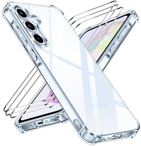 iVoler Nie Vergilbung Klar Hülle für Samsung Galaxy A35 5G mit Stoßfest Schutzecken, 1 Handyhülle mit 3 Stück Panzer Schutz Glas, [Militärischer Schutz] Transparent Schutzhülle Dünn Durchsichtige Case