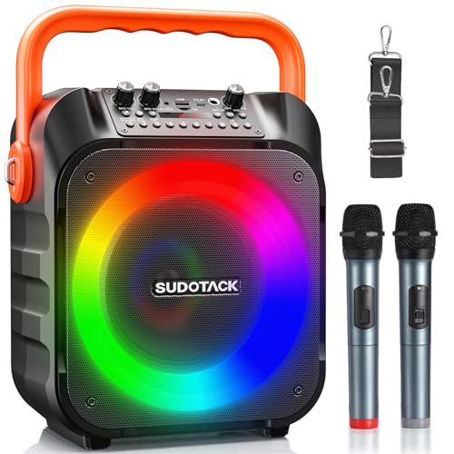 SUDOTACK Tragbare Karaoke Maschine mit 2 kabellose Mikrofone, Bluetooth Lautsprecher Box für Erwachsene/Kinder mit Lichteffekte, Unterstützt TF/USB, AUX in, FM, REC, TWS für Karaoke, Party, Geburtstag