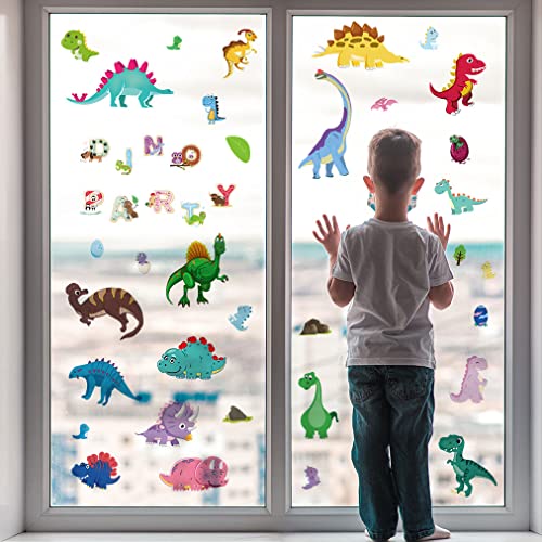 WandSticker4U®- [70 tlg. Set] wiederverwendbar Fensterbilder DINOSAURIER + BUCHSTABEN I Fenster Aufkleber Fenstersticker Kinder-zimmer Junge Dino bunt Wald-Tiere Deko selbstklebend GROß