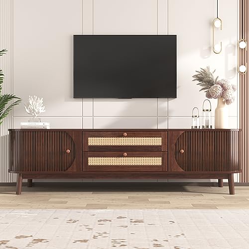 MZWDA TV-Schrank Fernsehtisch, Rattandesign Fernsehschrank aus Massivholz im Landhausstil, TV-Lowboard mit 2 Schubladen & Schiebetüren, Sideboard TV-Bank für Wohnzimmer, 170 cm, Naturholz Color