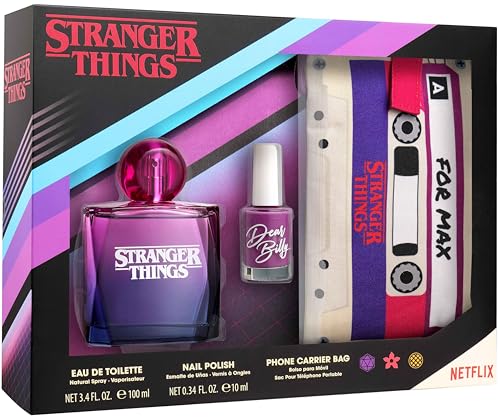 NETFLIX Stranger Things Geschenkset: Eau de Toilette 100ml, Nagellack und Handyhülle in Retro-Kassetten-Optik für Mädchen