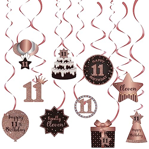 Happy 11th Birthday Hängende Wirbel Bachläufe Deckendekorationen Feier 11 Folie hängende Wirbel mit Aussparungen für 11 Jahre alt Roségold Geburtstag Party Dekorationen Supplies