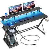 SEVEN WARRIOR Gaming Tisch mit LED & Steckdosen, 120 cm Computertisch mit Monitorständer & CPU Ständer, Schreibtisch mit 2 Haken & Fußstütze, perfekt für Schlafzimmer Büro,120 x 47 x 87 cm