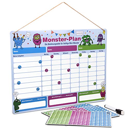 ewtshop® Monster Belohnungstafel, magnetisch, Wochenplaner mit Monster-Magneten für bis zu DREI Kinder, 40 x 30 cm