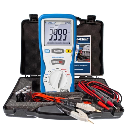 PeakTech 2705 – Digitales Milliohmmeter mit 4-poligen Kelvin Prüfleitungen, Widerstandsmessungen, TÜV/GS, Milliohm Messgerät, Strom, Tester, Multimeter, Durchgangsprüfer, CAT III 1000 V, P 2705