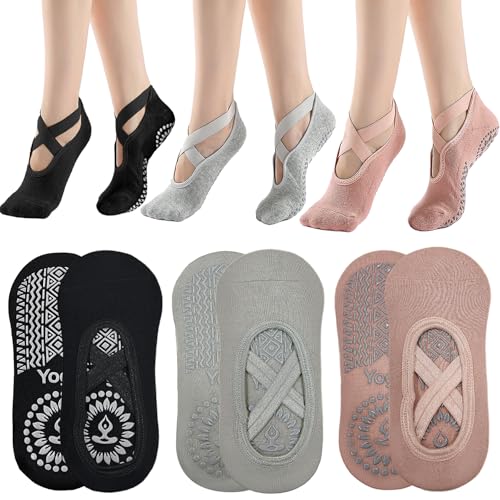 KEYRI 3 Paar Yoga Pilates Socke Rutschfeste Socken für Frauen Mädchen, Grippige Socken BodenSocke Anti-Rutsch Griffe Riemen, Einheitsgröße Atmungsaktive Socken für Fitness Ballett