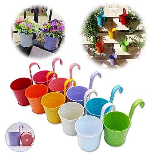 GIOVARA Blumentöpfe zum Aufhängen, Blumentopf Hängend aus Metall, Bunt Hänge Blumentopf für Balkon, Zaun, Garten, Wand, Robuster Hängetopf mit Abnehmbarem Haken & Ablaufloch, 10-Set(10 x 10 x 8 cm)