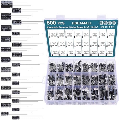 HSEAMALL 500PCS Elektrolytkondensator Sortiment Box Kit Bereich 0.1uF-1000uF 16V-50V 24Value Aluminium Elektrolytkondensator Set