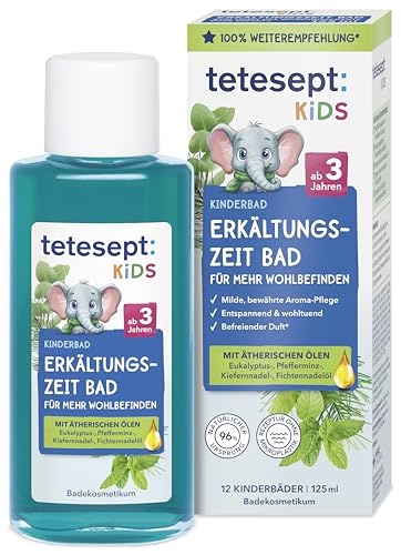 tetesept Kids Erkältungszeit Bad – Kinderbad für die kalte Jahreszeit mit 4 ätherischen Ölen – Wohltuender Badezusatz zur Entspannung und Durchwärmung – 1 x 125 ml