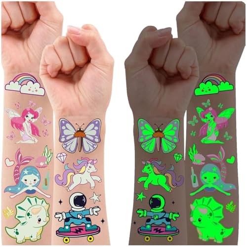 Leesgel Tattoo Kinder Jungen Mädchen, 140 Stück Leucht Gemischte Aufkleber Kindertattoos Sticker, Mitgebsel Kindergeburtstag Gastgeschenke Geburtstagsdeko Geschenke Party Deko