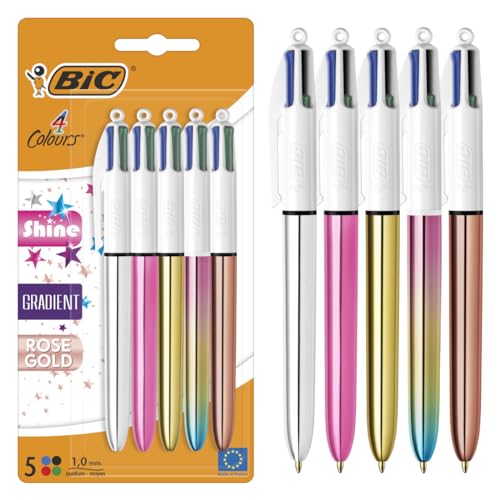 BIC 4 Farben Kugelschreiber Set 4 Colours Shine, in verschiedenen Farben, 5er Pack, Ideal für das Büro, das Home Office oder die Schule