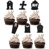 DazzJoy 24 Stück Halloween Cupcake Toppers Grabstein,Glitzer Halloween Deko Torte,Halloween Tortendeko Schwarz,Halloween Muffin Deko,RIP Halloween Kuchen Deko,Halloween Cake Toppers Grabstein