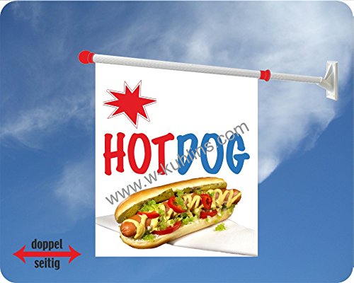 Werbeflagge (Fahne mit über 50 Varianten, Text und Bild, z.B. Eis, Döner, Kaffee, Crepes, Waffeln, Pommes uvm.) Ideal für Kiosk, Restaurant oder Kirmes, weiß (Hot Dog)