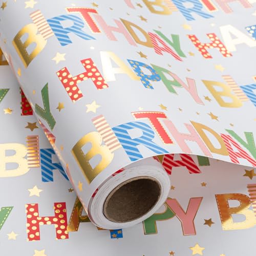 Wikadlik Bunte Geburtstags-Geschenkpapierrolle – 43 cm x 10 m – Goldfolie "Happy Birthday"-Schriftzug, Geschenkpapier für Urlaub, Dusche, Party